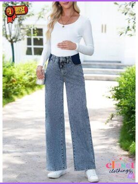 Maternity Jeans Wide Leg Pregnancy Pants High Rise Pull On Stretch Denim